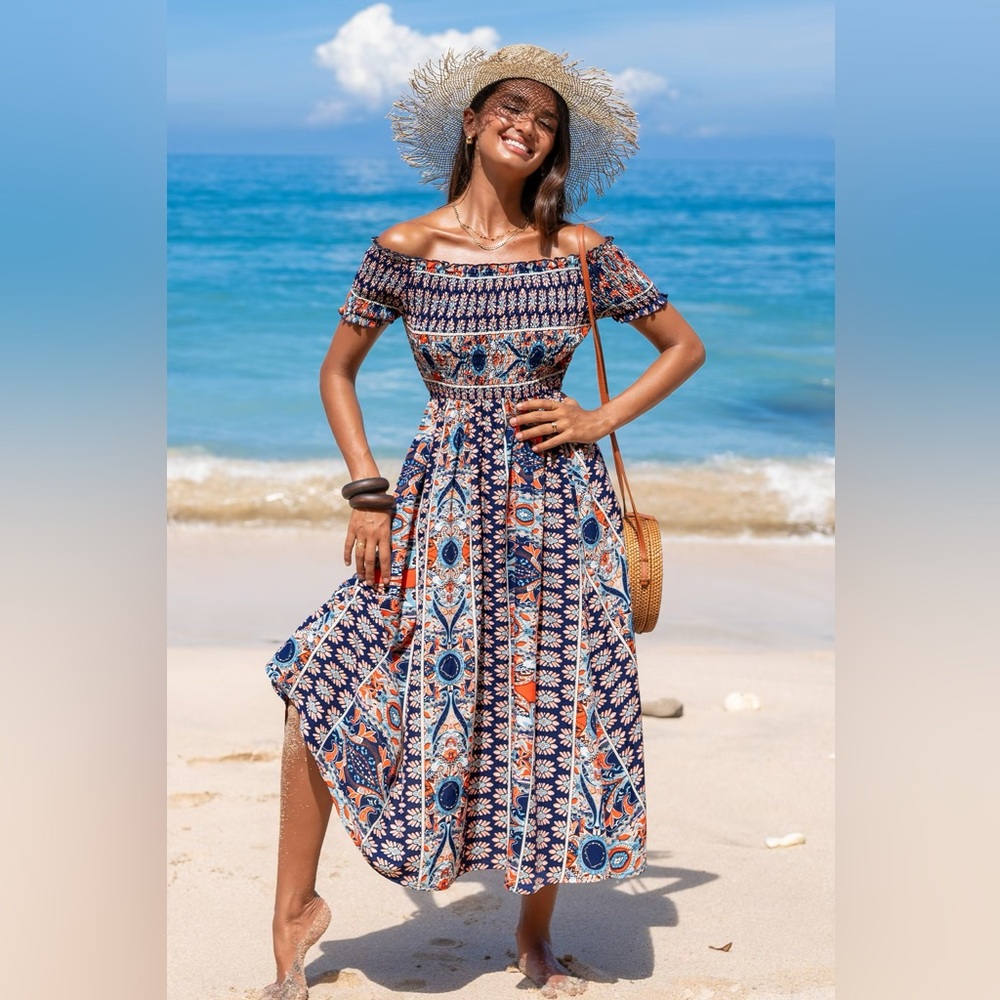NWT Magnolia Boutique  Off Shoulder Smocked Boho Midi Dress SZ Small